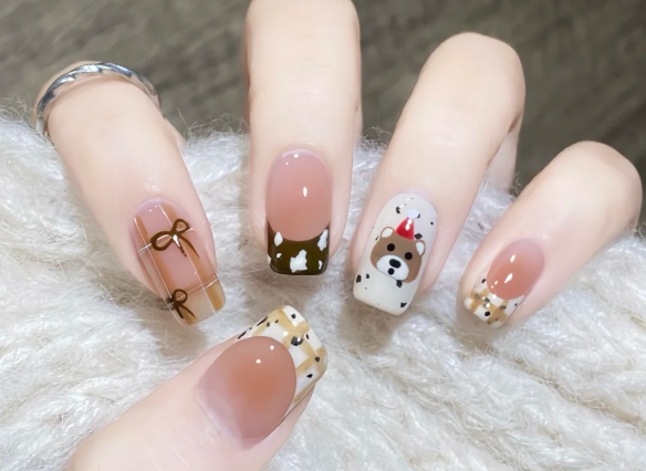 格紋手繪小熊美甲教程，南寧美甲教學分享